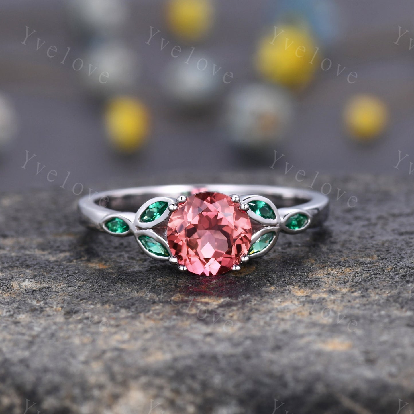 7mm round shaped Padparadscha sapphire engagement ring,Unique sapphire emerald ring,Marquise emerald,gold ring,Promise ring,Anniversary gift