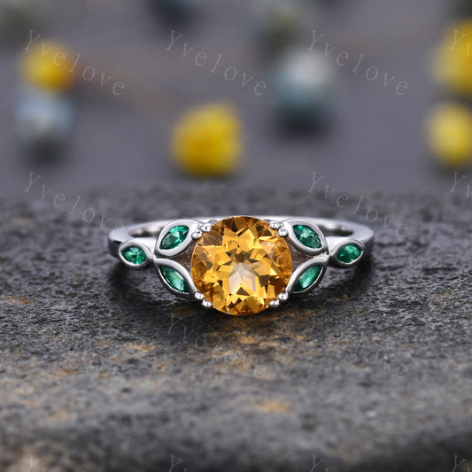 7mm round citrine engagement ring leaf marquise emerald stones vintage yellow citrine wedding ring  floral ring promise  anniversary gift