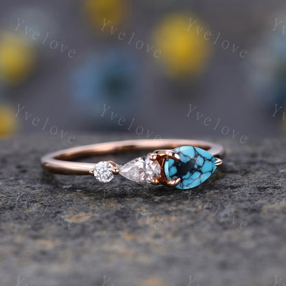Vintage Turquoise Ring Engagement Ring,Pear Cut Gems,Art Deco Moissanite Wedding Band,3 Stone Unique Women Bridal Promise Ring,Rose gold