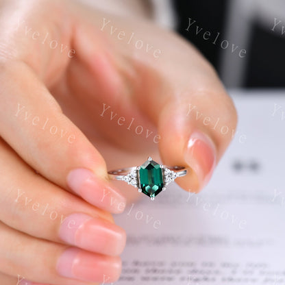 Retro Long hexagon Emerald Ring,Vintage Sterling Silver Ring Set,Unique Emerald Engagement Ring,Promise Ring,Anniversary Ring Gift For Her