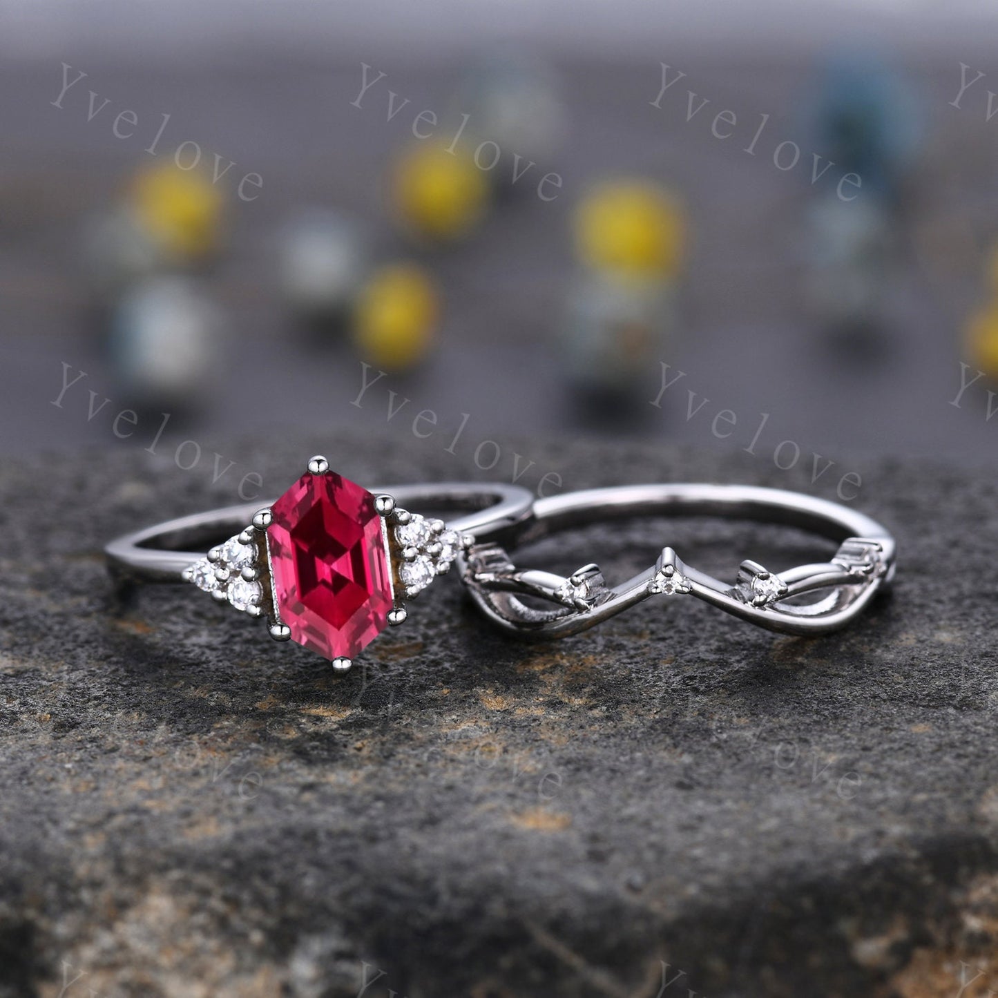 Retro hexagon Red Ruby Ring,Vintage Sterling Silver Ring Set,Unique Ruby Engagement Ring,Promise Ring,Anniversary Brial Ring Gift For Her