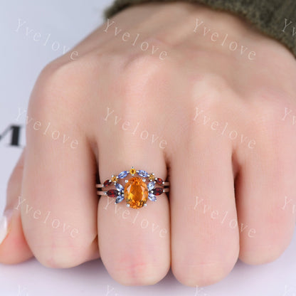 Oval Cut Citrine Wedding Ring Set,Marquise Garnet tanzanite ring,Moissanite Eternity Wedding Band,November Birthstone,Art Deco Silver Ring