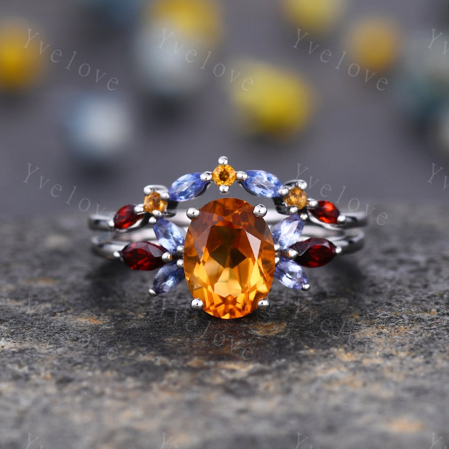 Oval Cut Citrine Wedding Ring Set,Marquise Garnet tanzanite ring,Moissanite Eternity Wedding Band,November Birthstone,Art Deco Silver Ring