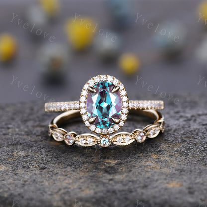 2PC Vintage Oval Cut Alexandrite Engagement Ring Set Halo Moissanite Ring Set Art Deco Bridal Wedding Ring Set Rose Gold Ring Set For Women