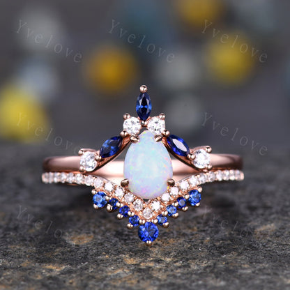 Vintage White Opal Engagement Ring,Opal Sapphire Bridal Ring Set,Pear Opal Ring,Curve Blue Sapphire Diamond Stacking Band,14k Rose Gold Ring