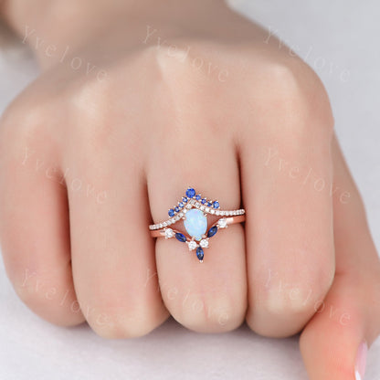 Vintage White Opal Engagement Ring,Opal Sapphire Bridal Ring Set,Pear Opal Ring,Curve Blue Sapphire Diamond Stacking Band,14k Rose Gold Ring