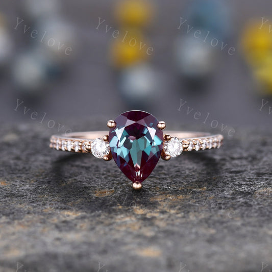 6x8mm Pear color change alexandrite engagement ring three stone alexandrite ring vintage unique ring rose gold ring wedding anniversary ring