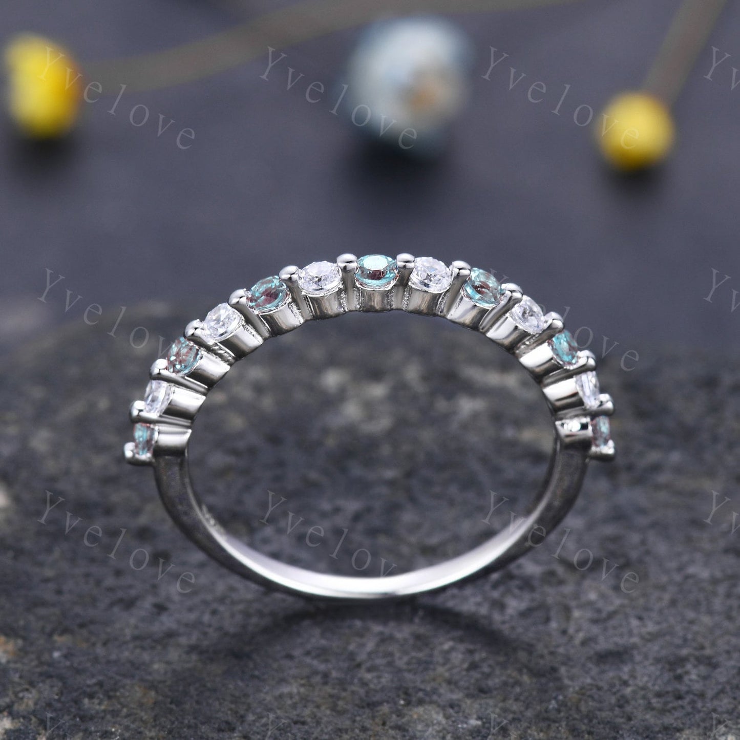 2mm Round Alexandrite Moissanite Band,Alternative Ring,Unique Moissanite Wedding Band,Women Moissanite Matching Band,Silver Ring,Handmade