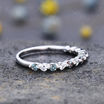 2mm Round Alexandrite Moissanite Band,Alternative Ring,Unique Moissanite Wedding Band,Women Moissanite Matching Band,Silver Ring,Handmade