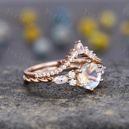 Vintage Moonstone Engagement Ring,Round Shape Moonstone Bridal Set,Twisted V Curved Diamond Stacking Band,Solid Gold,Women Ring Gift For Her