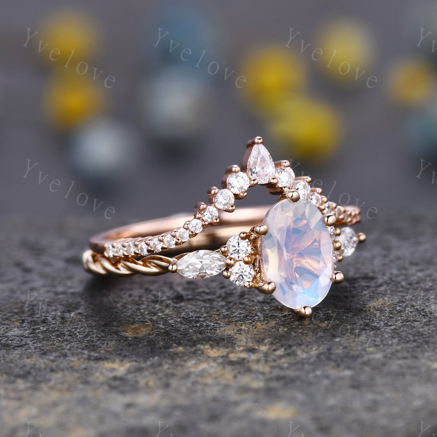 Vintage Moonstone engagement ring set oval cut ring art deco diamond women ring,Rose gold danity promise ring anniversary bridal ring gift