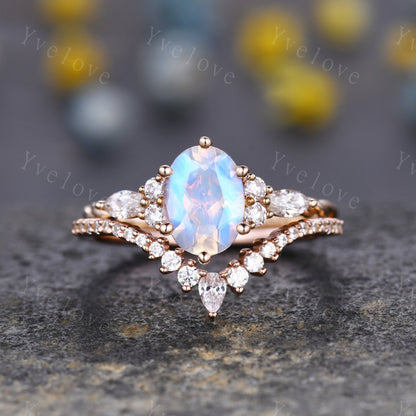 Vintage Moonstone engagement ring set oval cut ring art deco diamond women ring,Rose gold danity promise ring anniversary bridal ring gift