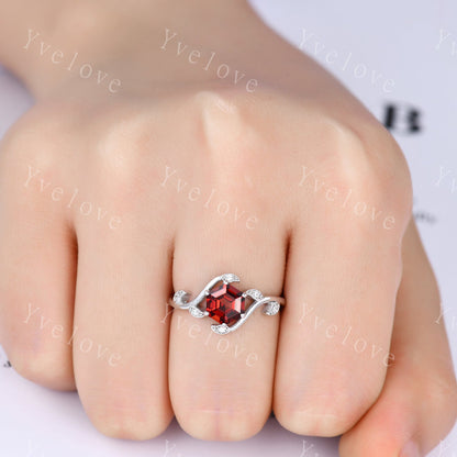 Vintage hexagon Red Garnet Ring,Vintage Sterling Silver Ring Set,Unique Garnet Engagement Ring,Twist Twig Vine Ring,Anniversary Ring Gift