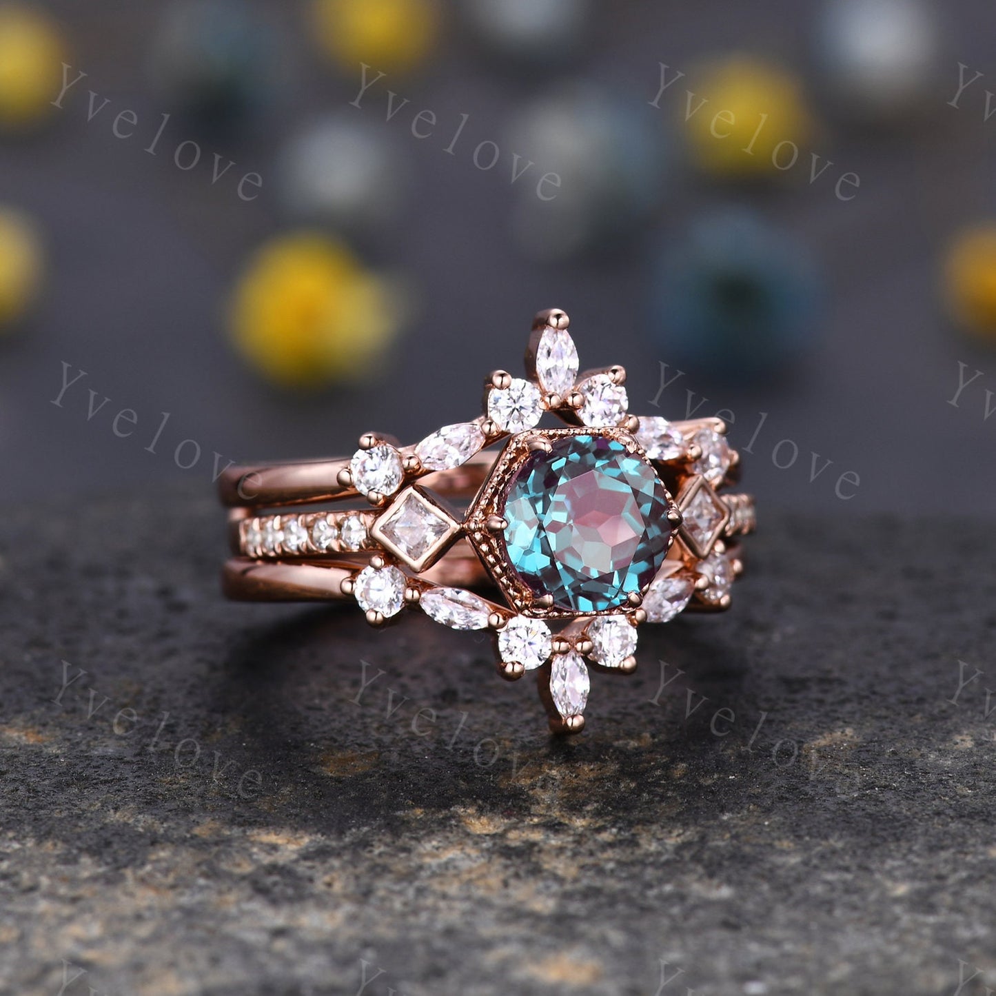 Unique Alexandrite Ring Set,Alexandrite Engagement Ring,Enhancer Ring,Double Curved band,Women Bridal Matching Stacking Diamond Wedding Band