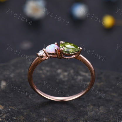 Vintage Peridot Opal Engagement Ring,Pear Cut Gems,Art Deco Moissanite Wedding Band,3 Stone Unique Women Bridal Promise Ring,Customized Gift