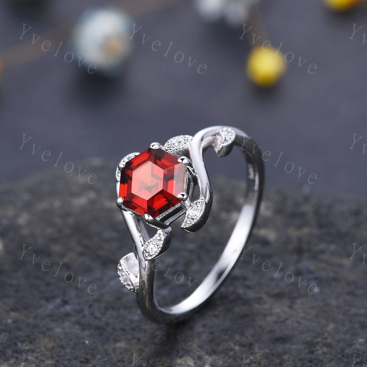 Vintage hexagon cut Red Garnet Ring,Unique Sterling Silver Ring,Retro Garnet Engagement Ring,Leaf Ring,Twig Vine Ring,Anniversary Ring Gift