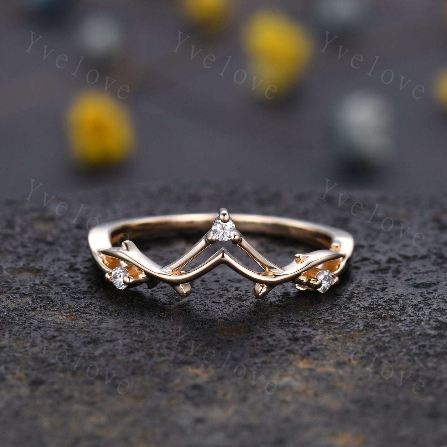 Minimalist Twig Engagement Ring,Twig Matching Band,Women Vine Diamond Band,Art Deco V Curved Branch Diamond Wedding Band,Black Gold Ring