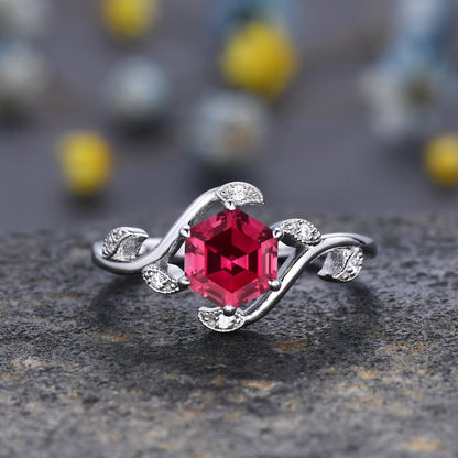 Vintage hexagon cut Red Ruby Ring,Unique Sterling Silver Ring,Retro Ruby Engagement Ring,Leaf Ring,Twig Vine Ring,Anniversary Ring Gift