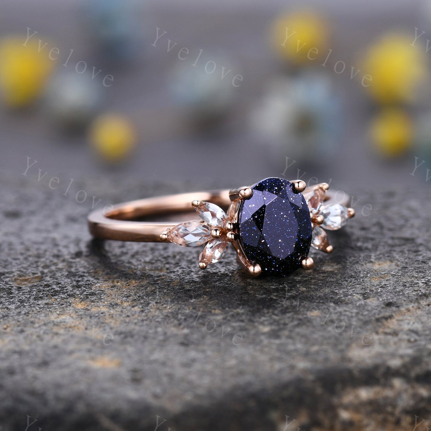 Blue Sandstone Engagement Ring Set Women Stacking Matching Band Marquise Aquamarine Eternity Ring Unique Vintage Floral Design Promise Gift