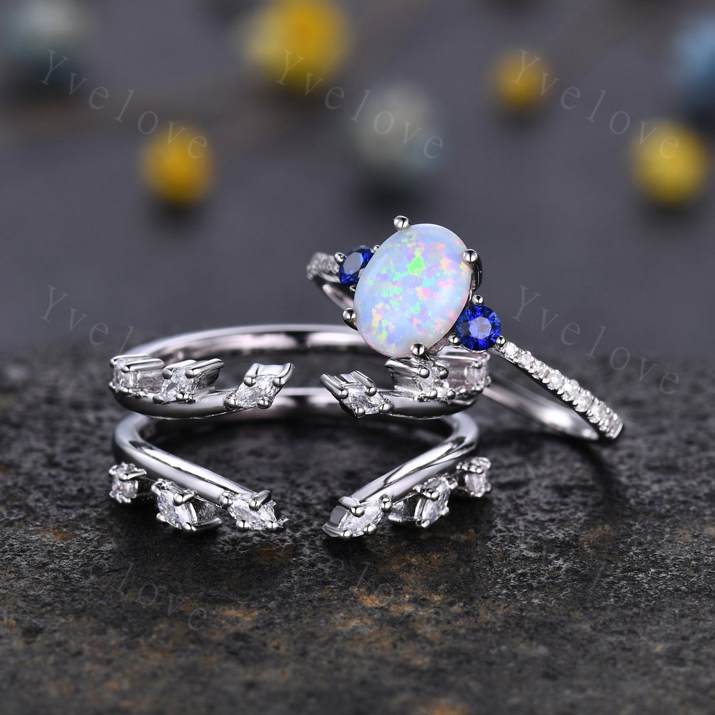 Vintage Oval Opal Engagement Ring Diamond Blue Sapphire Matching Band Stacking Bridal Ring Set Moissanite Enchancer Band Anniversary Gift