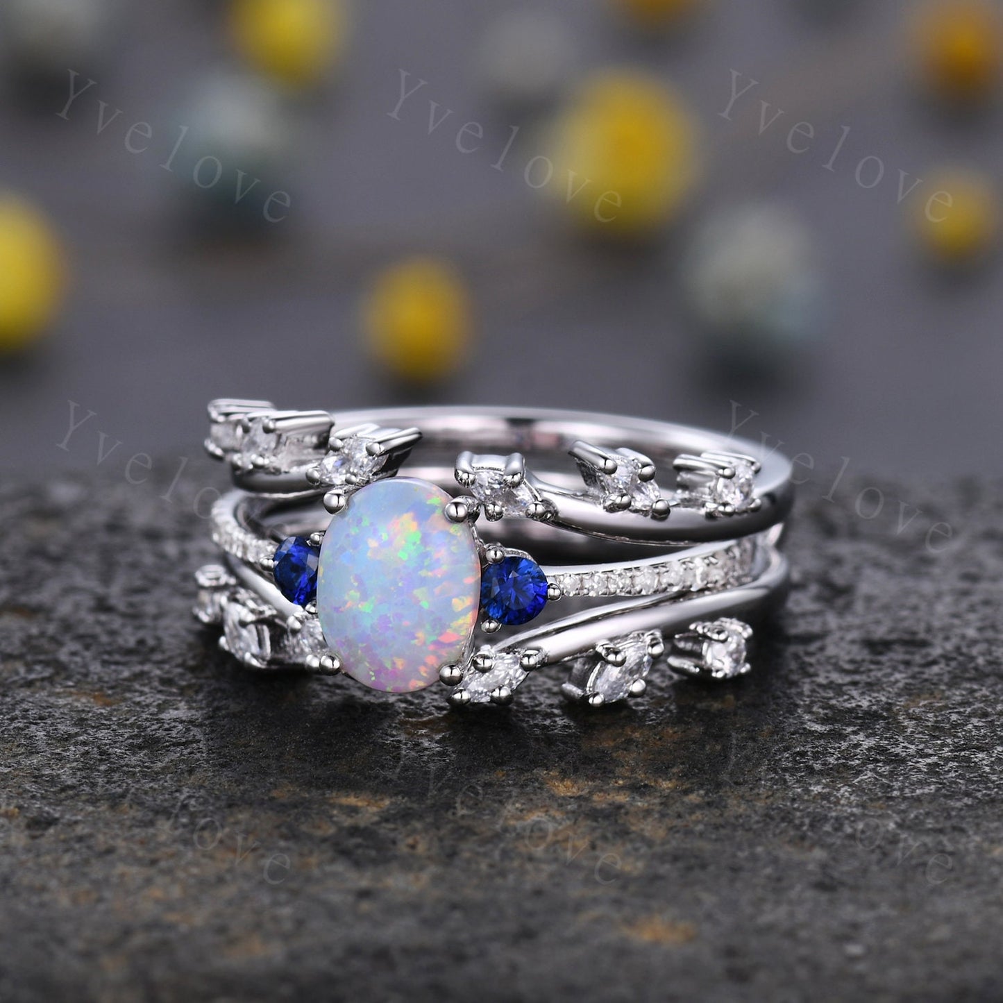 Vintage Oval Opal Engagement Ring Diamond Blue Sapphire Matching Band Stacking Bridal Ring Set Moissanite Enchancer Band Anniversary Gift