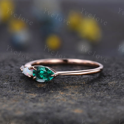 Vintage Emerald Opal Engagement Ring,Pear Cut Gems,Art Deco Moissanite Wedding Band,3 Stone Unique Women Bridal Promise Ring,Customized Gift