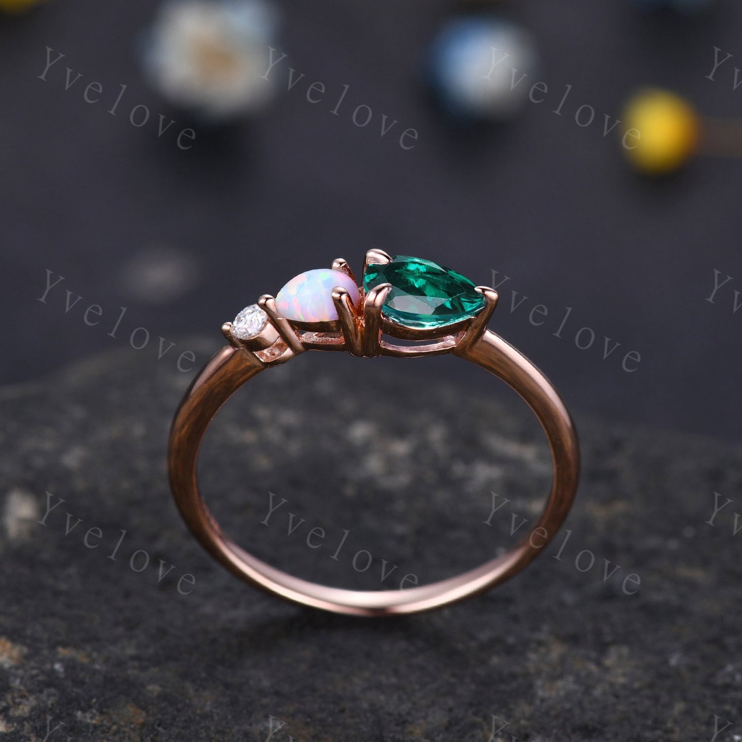 Vintage Emerald Opal Engagement Ring,Pear Cut Gems,Art Deco Moissanite Wedding Band,3 Stone Unique Women Bridal Promise Ring,Customized Gift