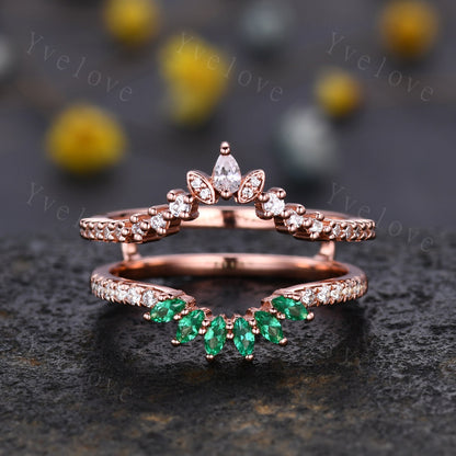 Enhancer Stacking Matching Wedding Band,Marquise Emerald Band,Moissanite Emerald Wedding Ring,Double curved Ring,Rose Gold Bridal Ring Gift