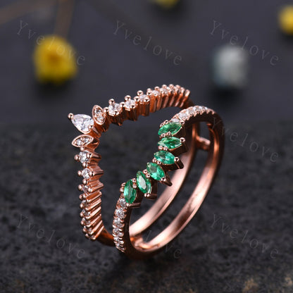 Enhancer Stacking Matching Wedding Band,Marquise Emerald Band,Moissanite Emerald Wedding Ring,Double curved Ring,Rose Gold Bridal Ring Gift