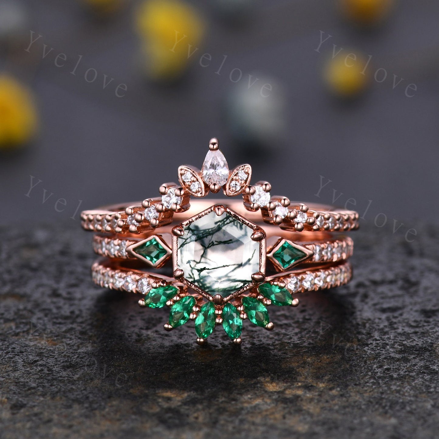 Enhancer Stacking Matching Wedding Band,Marquise Emerald Band,Moissanite Emerald Wedding Ring,Double curved Ring,Rose Gold Bridal Ring Gift