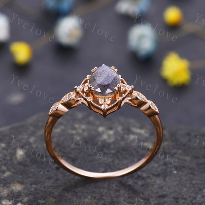 Vintage Labradorite Engagement Ring,Pear Shape Labradorite Ring,14K Solid Gold Ring,Unique Women Moissanite Promise Ring For Her,Handmade