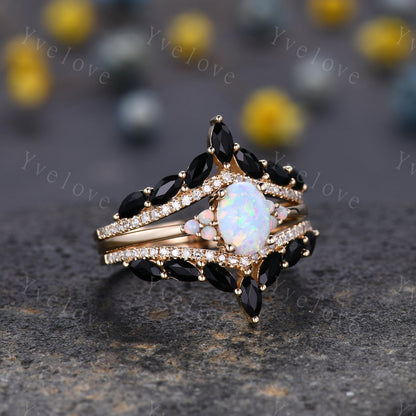 3 set,Opal Engagement Ring Set,Opal Rings for Women,Gold Opal Ring,Marquise Black Onyx Diamond Wedding Ring Set,Multi-Gemstone Ring Gift