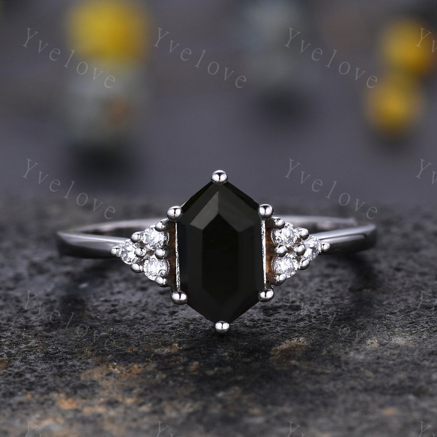 Retro hexagon Black Onyx Ring,Vintage Sterling Silver Ring Set,Unique Black Onyx Engagement Ring,Promise Ring,Anniversary Ring Gift For Her