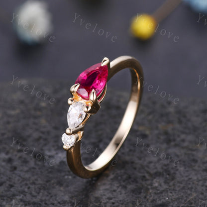 Vintage Red Ruby Ring Engagement Ring,Pear Cut Gems,Art Deco Moissanite Wedding Band,3 Stone Unique Women Bridal Promise Ring,Gold Ring Gift