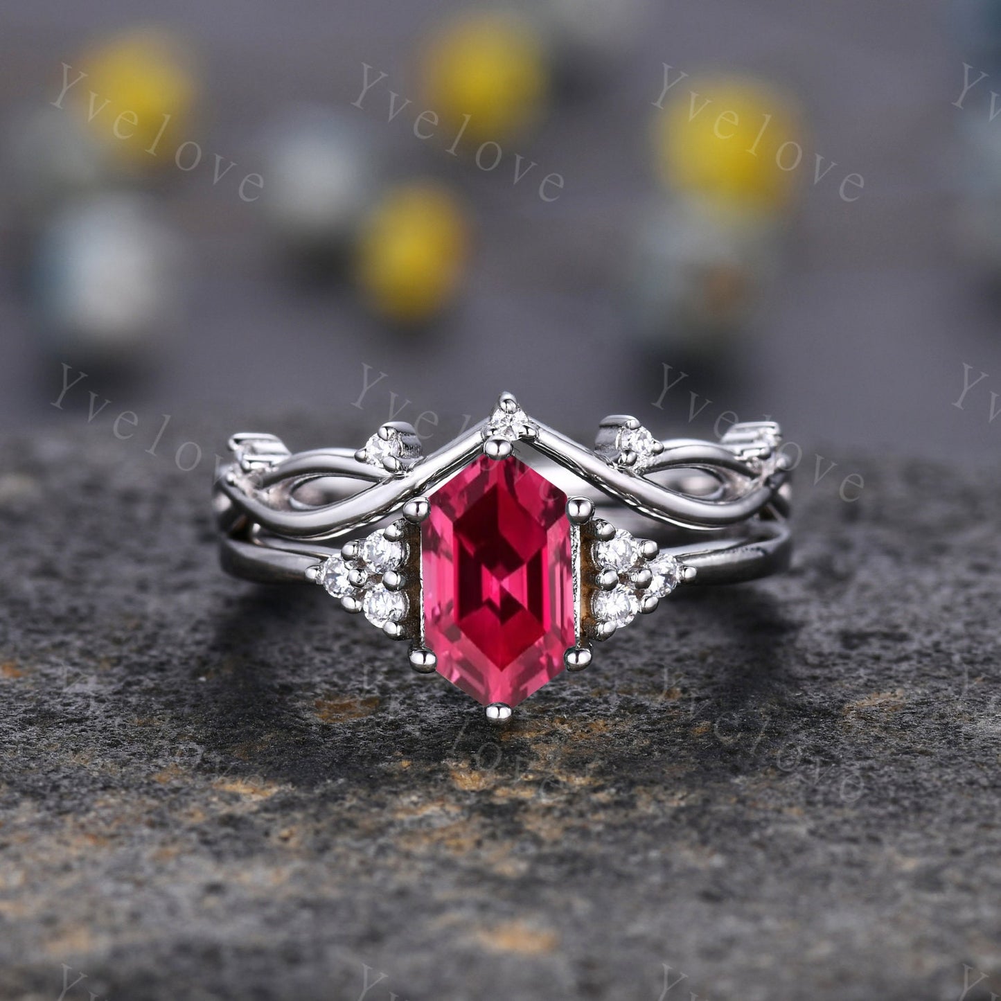 Retro hexagon Red Ruby Ring,Vintage Sterling Silver Ring Set,Unique Ruby Engagement Ring,Promise Ring,Anniversary Brial Ring Gift For Her