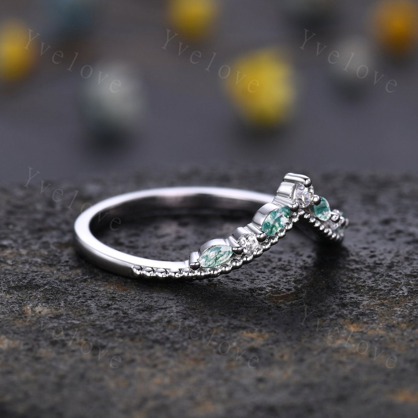 Minimalist Moss Agate Moissanite Wedding Ring,Marquise Green Agate Band,Women Diamond Stacking Matching Wedding Band,Milgrain Promise Gift