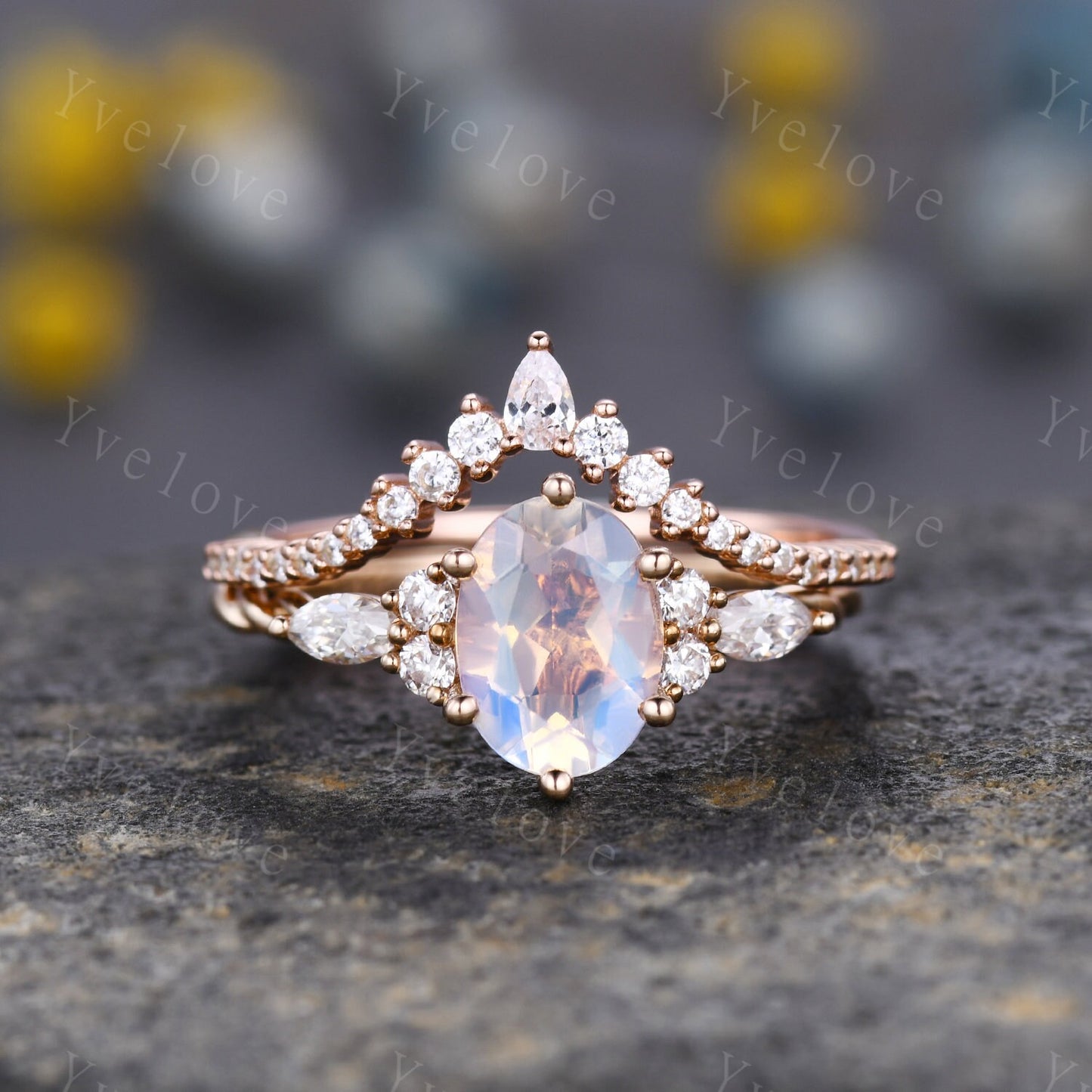 Vintage Moonstone engagement ring set oval cut ring art deco diamond women ring,Rose gold danity promise ring anniversary bridal ring gift