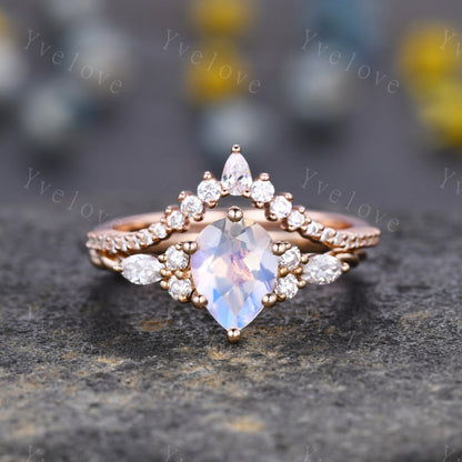 Vintage Moonstone engagement ring set,Pear cut ring art deco diamond women ring,twisted band,Rose gold promise ring anniversary bridal ring