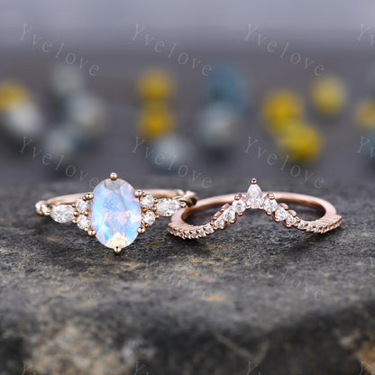 Vintage Moonstone engagement ring set oval cut ring art deco diamond women ring,Rose gold danity promise ring anniversary bridal ring gift