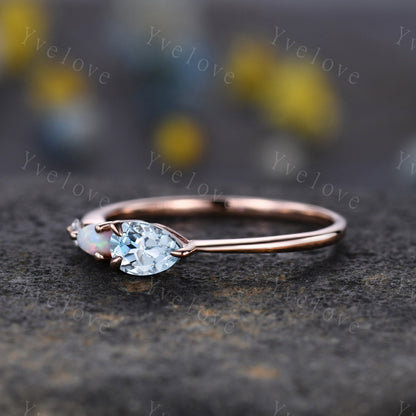 Vintage Aquamarine Opal Engagement Ring,Pear Cut Gems,Art Deco Moissanite Wedding Band,3 Stone Unique Women Bridal Promise Ring,Customized