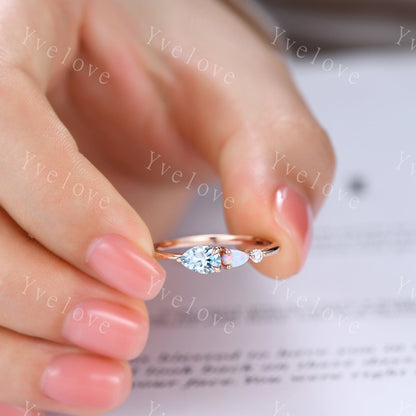 Vintage Aquamarine Opal Engagement Ring,Pear Cut Gems,Art Deco Moissanite Wedding Band,3 Stone Unique Women Bridal Promise Ring,Customized