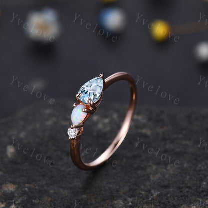 Vintage Aquamarine Opal Engagement Ring,Pear Cut Gems,Art Deco Moissanite Wedding Band,3 Stone Unique Women Bridal Promise Ring,Customized