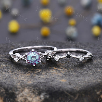 Unique Hexagon shape Alexandrite Engagement Ring,Vintage Branch Twig Diamond Ring,White Gold Ring,Vine Ring,Women Promise Bridal Ring,Custom