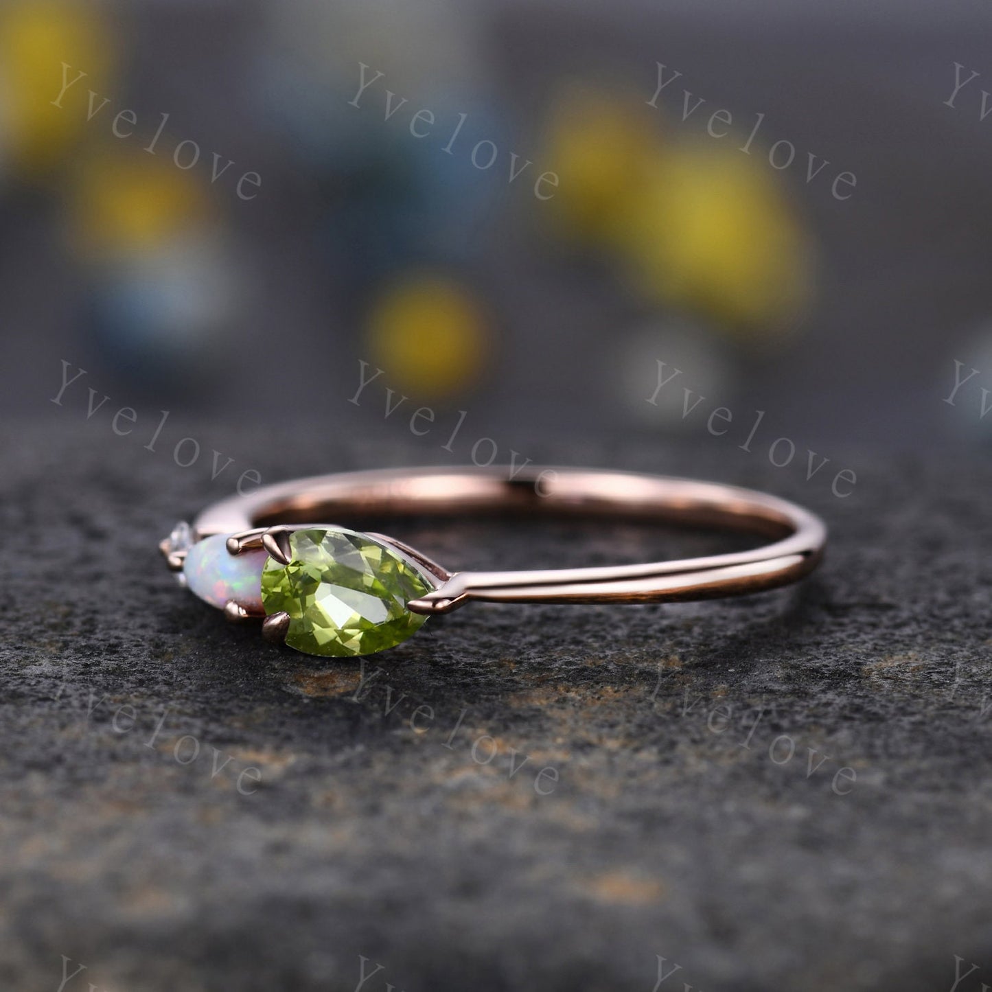 Vintage Peridot Opal Engagement Ring,Pear Cut Gems,Art Deco Moissanite Wedding Band,3 Stone Unique Women Bridal Promise Ring,Customized Gift