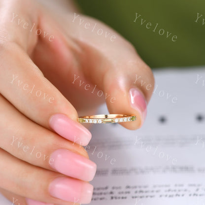 Peridot Ring, Minimalist Stackable Band,Baguette Peridot Diamond Wedding Ring,Half Eternity Wedding Band,Gold Ring,Anniversary Stacking Ring