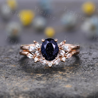 Blue Sandstone Engagement Ring Set Women Stacking Matching Band Marquise Aquamarine Eternity Ring Unique Vintage Floral Design Promise Gift