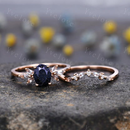 Blue Sandstone Engagement Ring Set Women Stacking Matching Band Marquise Aquamarine Eternity Ring Unique Vintage Floral Design Promise Gift