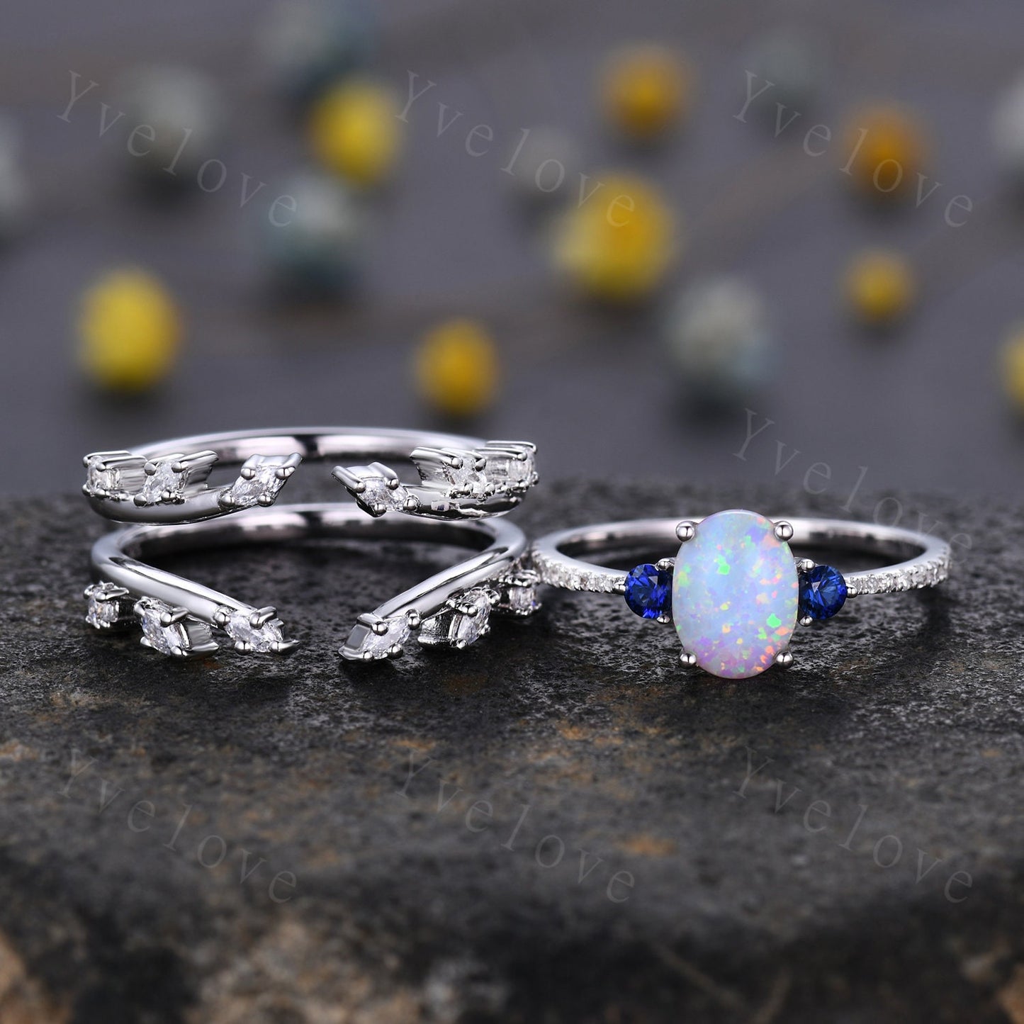 Vintage Oval Opal Engagement Ring Diamond Blue Sapphire Matching Band Stacking Bridal Ring Set Moissanite Enchancer Band Anniversary Gift