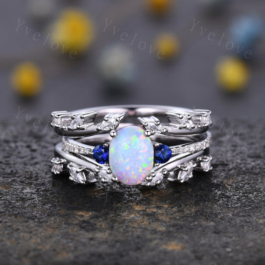 Vintage Oval Opal Engagement Ring Diamond Blue Sapphire Matching Band Stacking Bridal Ring Set Moissanite Enchancer Band Anniversary Gift