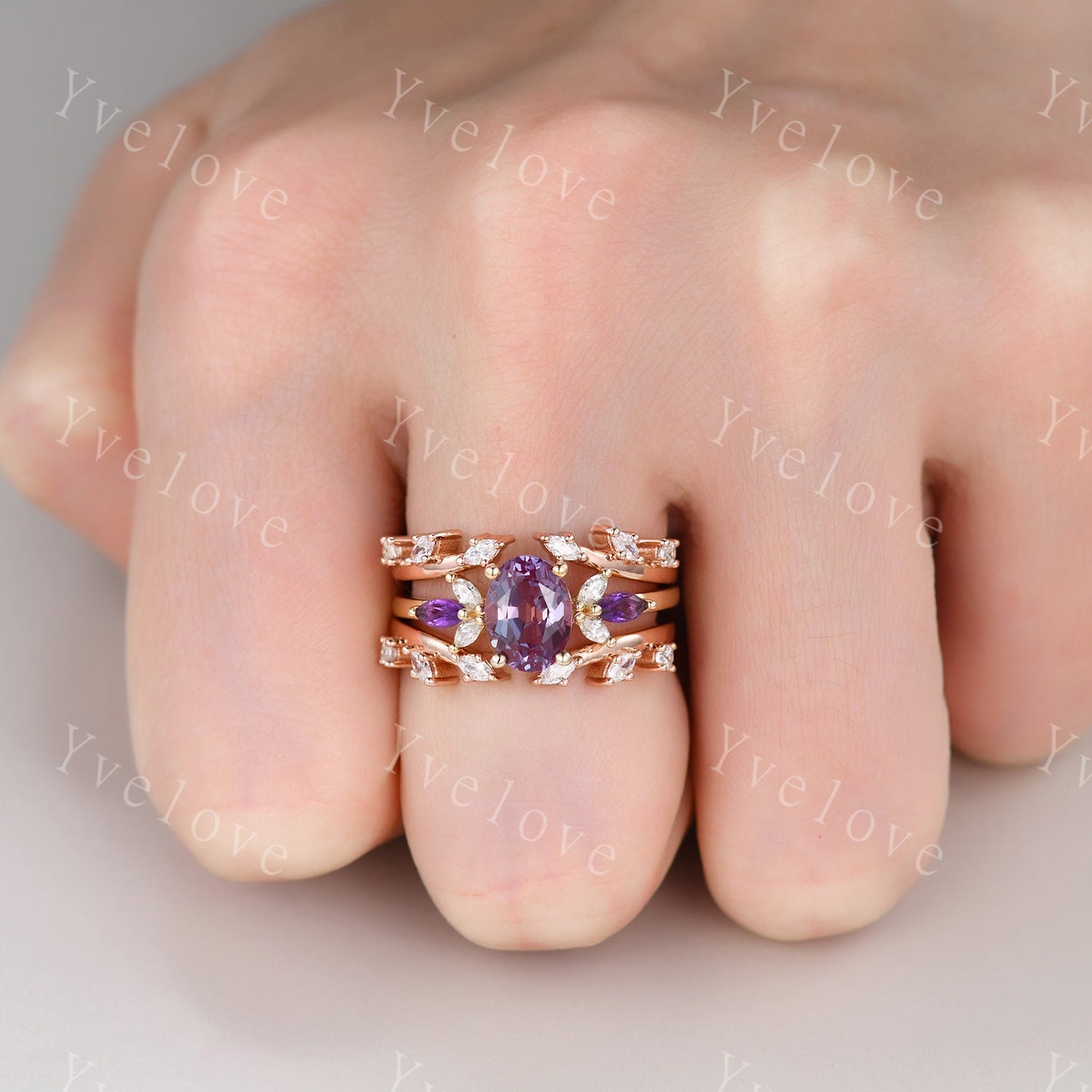 Vintage Amethyst Engagement Ring,Enhancer Ring,Amethyst Moissanite Ring Set,Women Matching Diamond Band Unique Floral Design Promise Ring